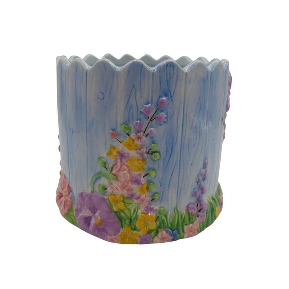Hand Painted Floral Pattern Ceramic Planter Spring Easter Scalloped Edge Pastels - Picture 2 of 9